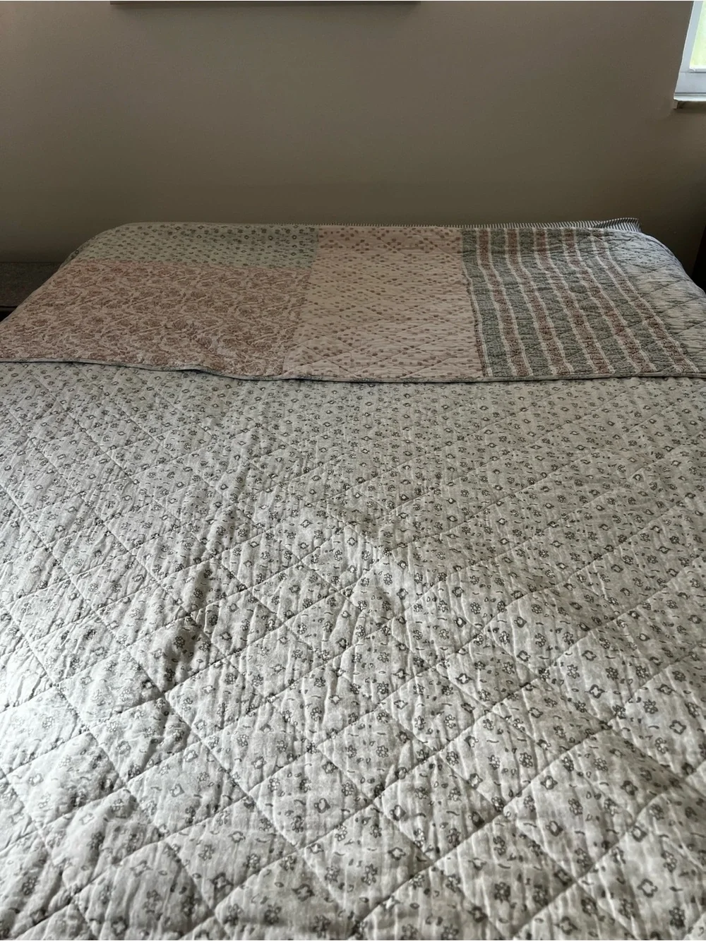 Shabby Chic Quilted Floral Bedspread in Sage and Blush